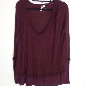 We the Free Lagen Layer Waffle Knit Burgundy Cozy Oversize Long Sleeve V-Neck